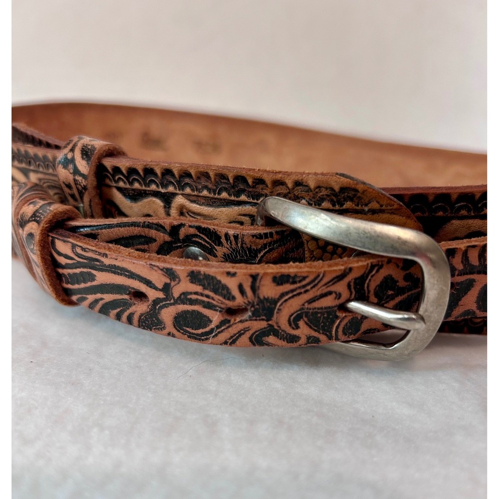 Cardat 7524 Brown Floral Tooled Leather Western Belt Silver Buckle Womens 30